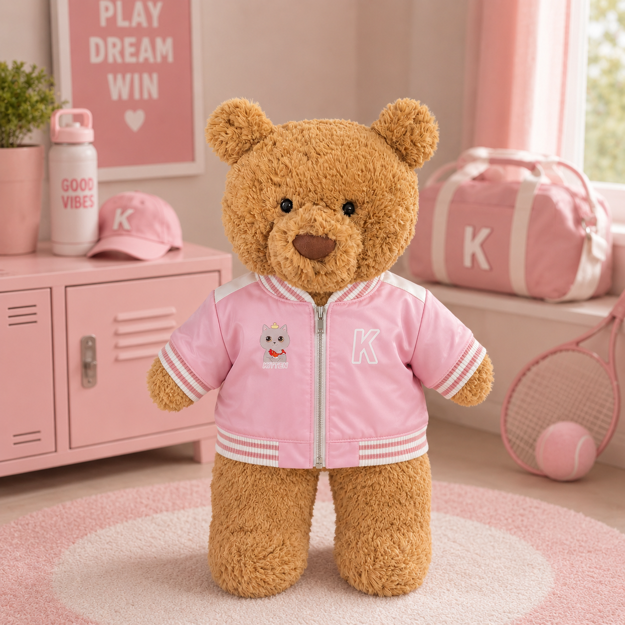 Large Bartholomew Bear & 16" Plush Clothes Outfit - Pink Varsity Jacket
