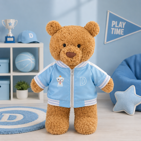 Large Bartholomew Bear & 16" Plush Clothes Outfit - Blue Varsity Jacket