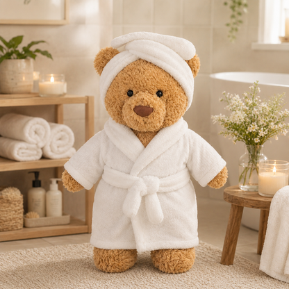Large Bartholomew Bear & 16" Plush Clothes Outfit - White Bathrobe & Headband Set