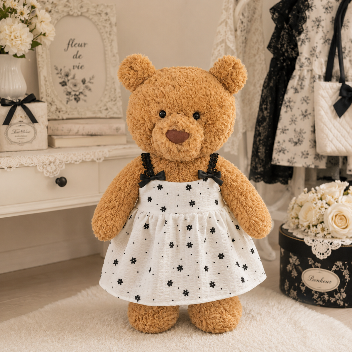 Floral Dress with Black Bow Costume for Bartholomew Bear Plush – 14-Inch Outfit