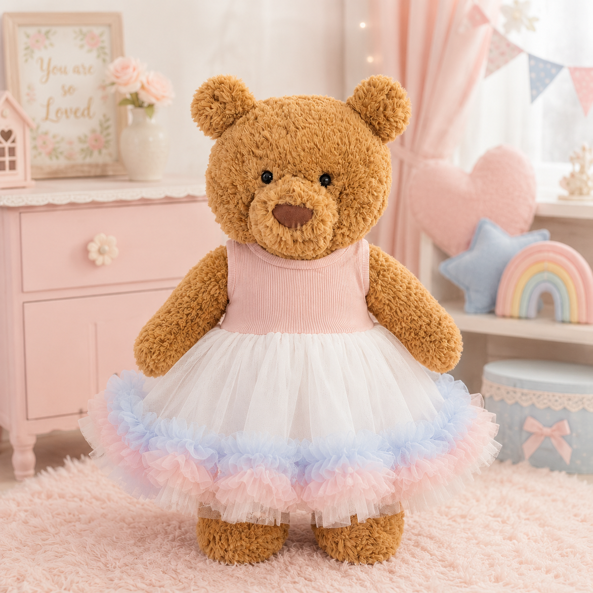 Pink Ribbed Tulle Dress for Bartholomew Bear Plush – 14-Inch Outfit