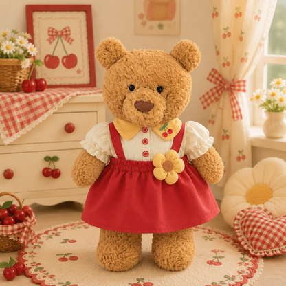 Red Floral Pinafore Dress Outfit Set for Bartholomew Bear Plush – 14-Inch Outfit