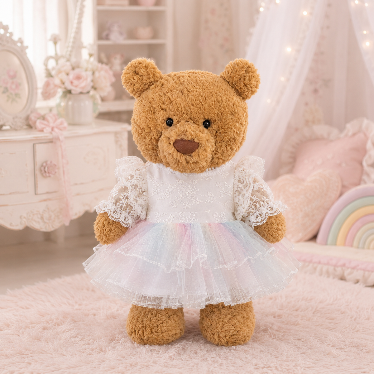 White Lace Rainbow Tulle Dress for Bartholomew Bear Plush – 14-Inch Outfit