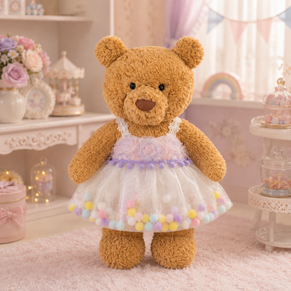 Rainbow Floral Pom-Pom Dress for Bartholomew Bear Plush – 14-Inch Outfit