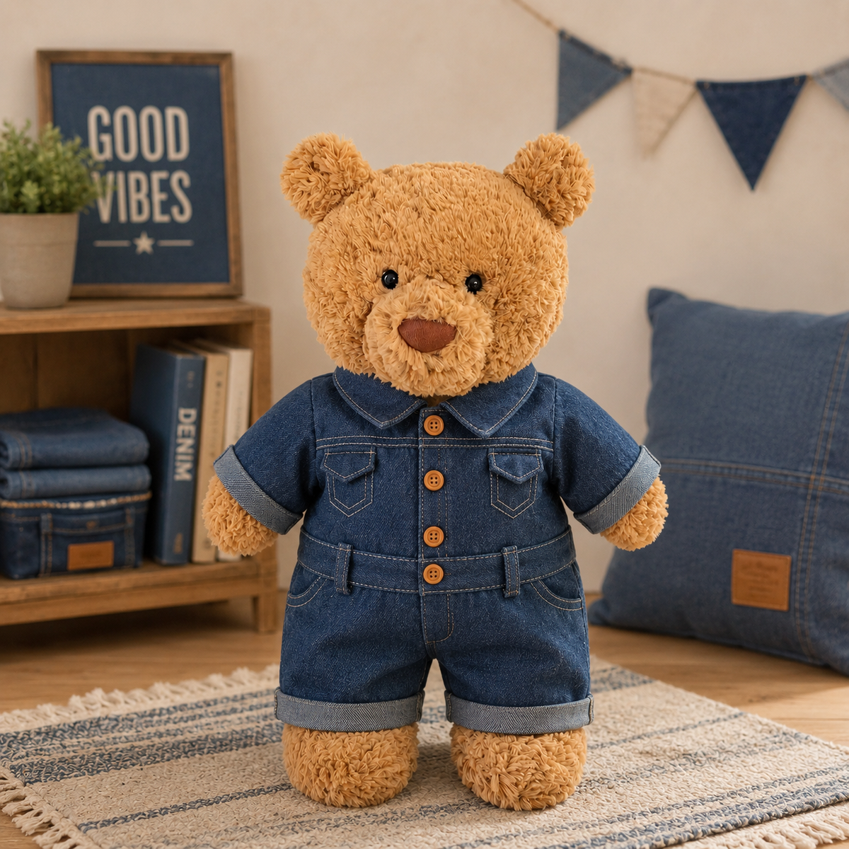 Blue Denim Jumpsuit Costume for Bartholomew Bear Plush – 14-Inch Outfit
