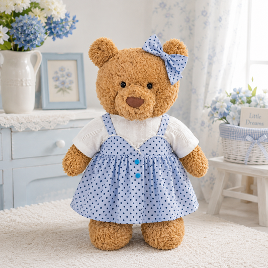 Large Bartholomew Bear & 16" Plush Clothes Outfit - Blue Polka Dot Slip Dress
