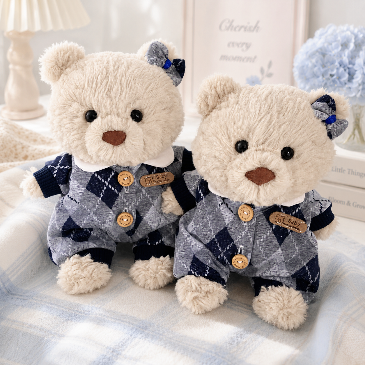 Bartholomew Bear Junior clothes outfits - Blue Argyle Knit Romper