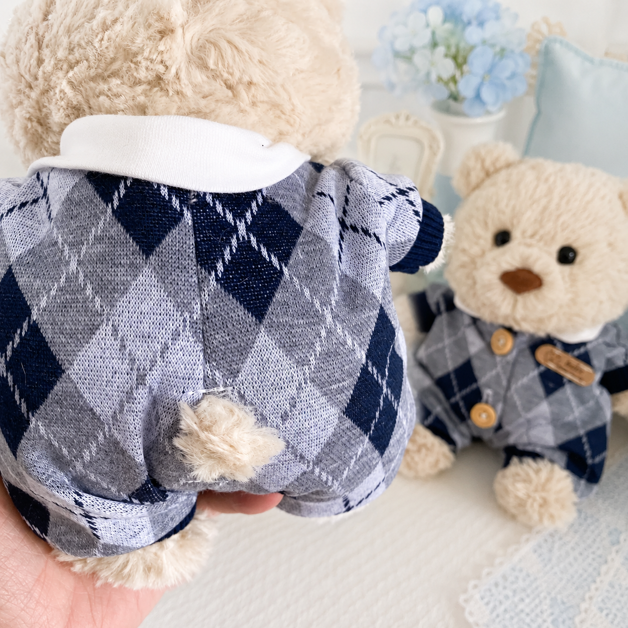 Bartholomew Bear Junior clothes outfits - Blue Argyle Knit Romper