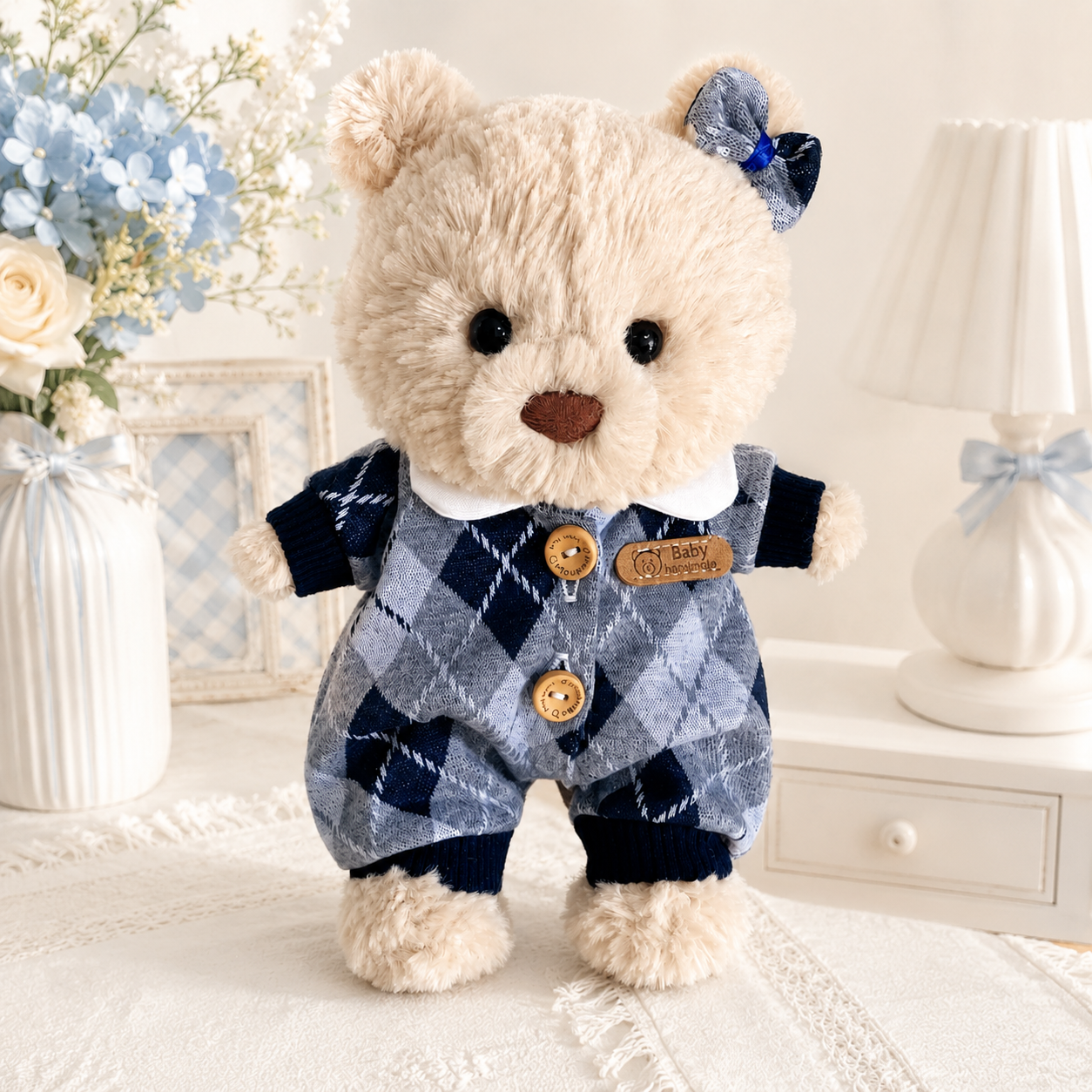 Bartholomew Bear Junior clothes outfits - Blue Argyle Knit Romper