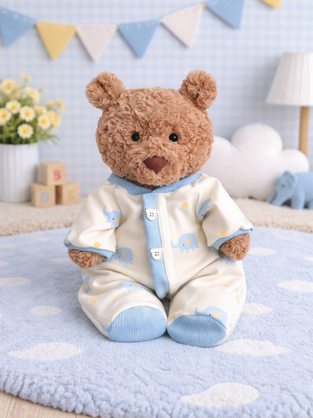 Niedliche Kleidung von Bartholomew Bear – Blauer Elefanten-Strampler – BXYC01 (klein/mittel/groß/riesig)