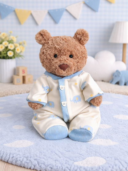 Niedliche Kleidung von Bartholomew Bear – Blauer Elefanten-Strampler – BXYC01 (klein/mittel/groß/riesig)
