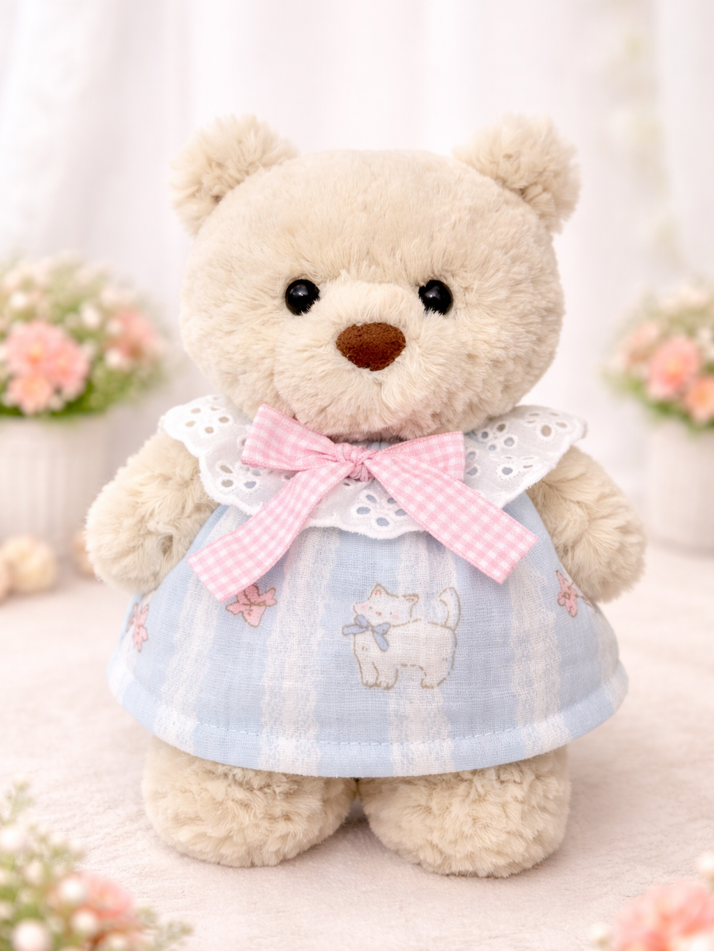 Bartholomew Bear Junior clothes outfits - Blue Cat Print Dress with Bow