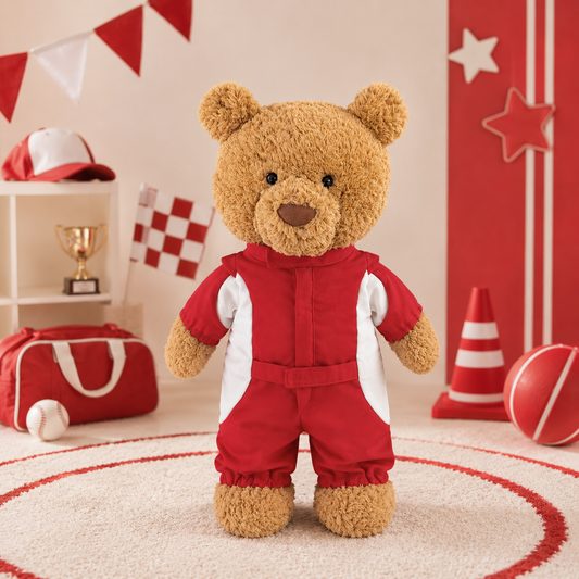Red Racing Suit Costume for Bartholomew Bear Plush – 14-Inch Outfit
