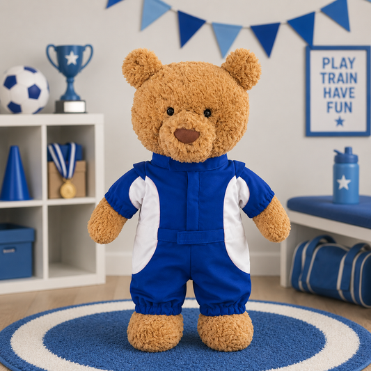 Blue Racing Suit Costume for Bartholomew Bear Plush – 14-Inch Outfit