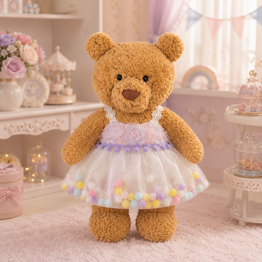 Rainbow Floral Pom-Pom Dress for Bartholomew Bear Plush – 14-Inch Outfit
