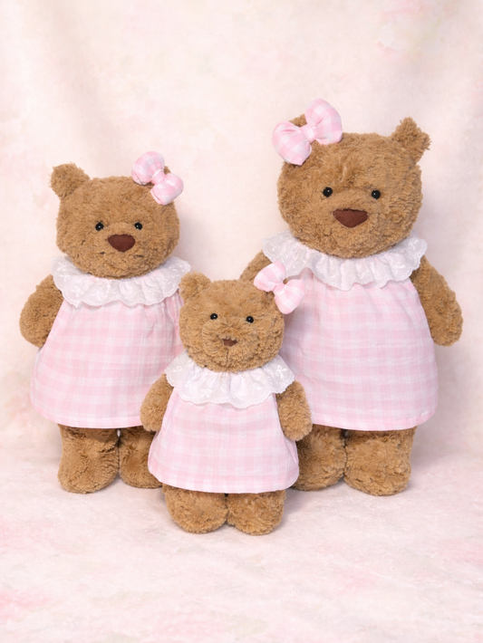 Pink Plaid Dress with Bow Costume for Bartholomew Bear Plush – 10–16 Inch Outfit