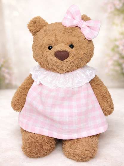 Pink Plaid Dress with Bow Costume for Bartholomew Bear Plush – 10–16 Inch Outfit