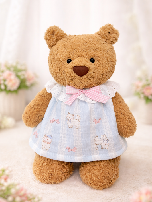 Blue Cat Print Dress with Bow Costume for Bartholomew Bear Plush – 10–16 Inch Outfit