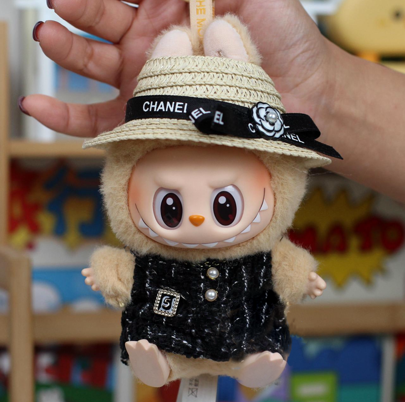 4inch bag charm cute custom clothes outfits - Elegant black dress & strawhat - 0523