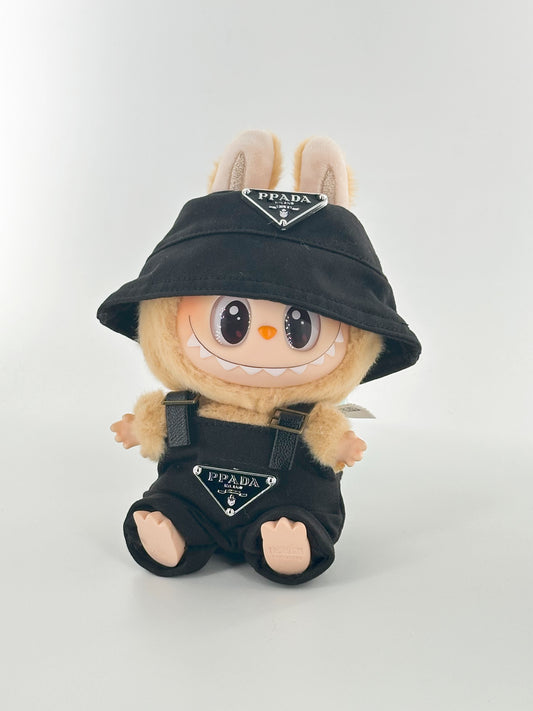 4inch bag charm cute custom clothes outfits - Black overalls silver logo and hat - LBB022