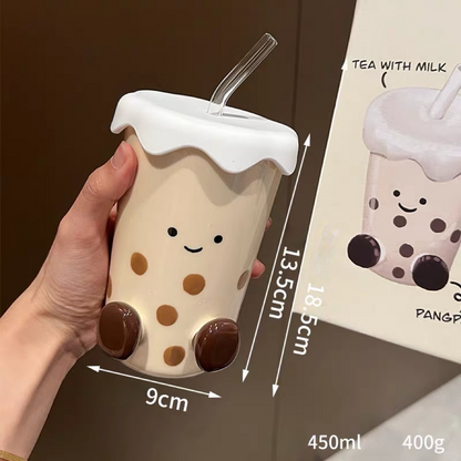 Adorable short leg milk tea bottle 450ml with straw - Functional Design
