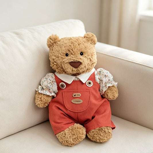 Red Multicolor Polka Dot Overalls for Bartholomew Bear Plush – 10-Inch Outfit