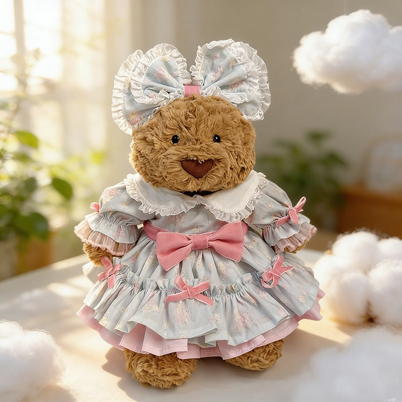 Medium Bartholomew bear clothes outfits - Pink Velvet Bow Blue Floral Dress