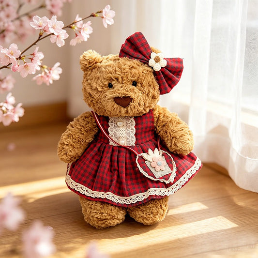 Medium Bartholomew bear clothes outfits - Red Plaid Dress & Crossbody Bag Outfit