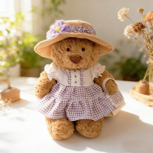 Medium Bartholomew bear clothes outfits - Purple Plaid Dress with Handbag & Purple Floral Sun Hat