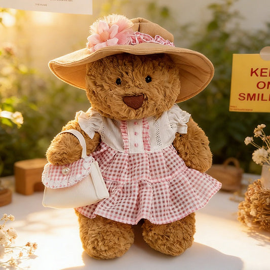 Medium Bartholomew bear clothes outfits - Pink Plaid Dress with Handbag & Pink Floral Sun Hat