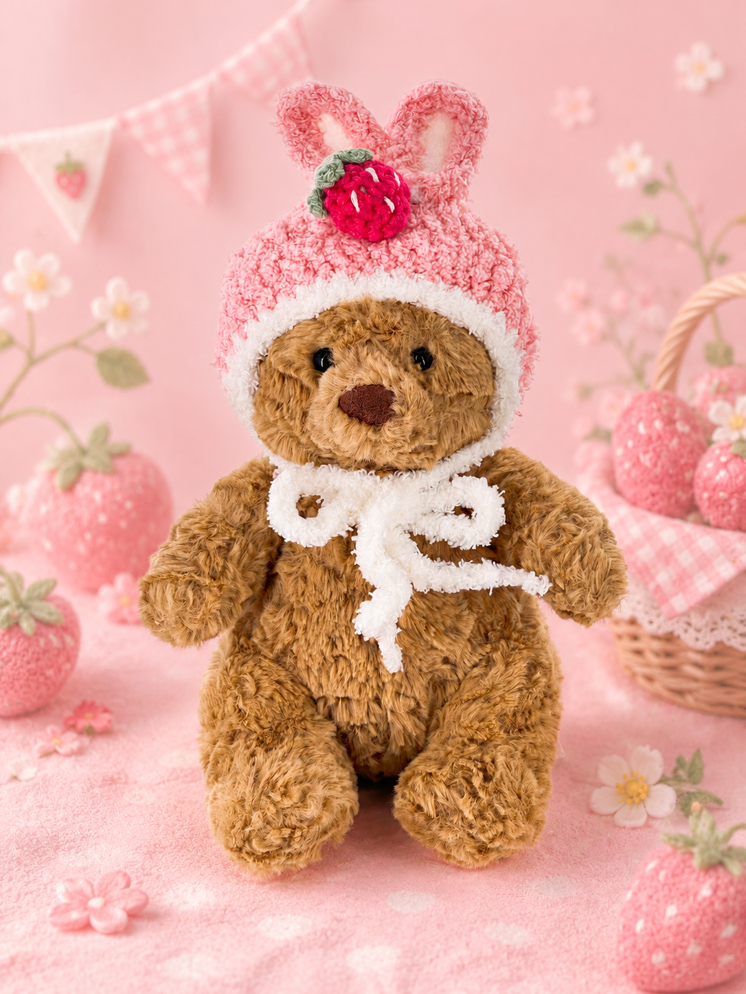 Tiny Bartholomew Bear clothes outfits - Strawberry Bunny Hood