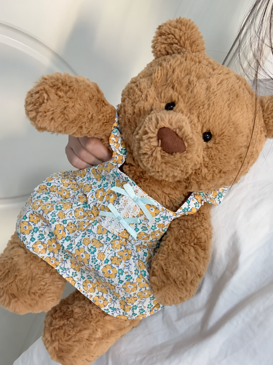 Yellow Floral Dress with Bow Costume for Bartholomew Bear Plush – 14-Inch Outfit