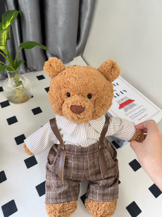 Striped Shirt & Gray Plaid Overalls Outfit for Bartholomew Bear Plush – 14-Inch Outfit