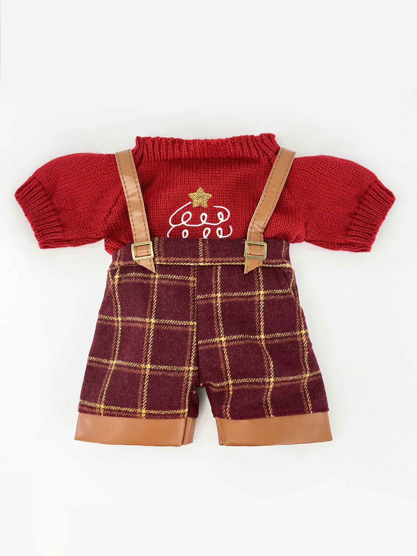 Large Bartholomew Bear clothes outfits - Vintage Plaid Overalls & Sweater Outfit