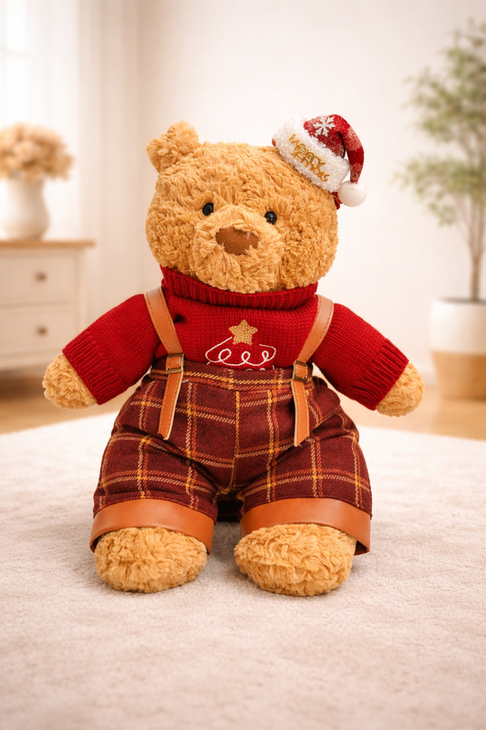 Large Bartholomew Bear clothes outfits - Vintage Plaid Overalls & Sweater Outfit