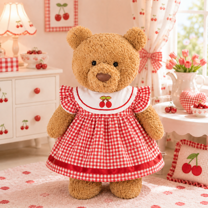Cherry Plaid Dress for Bartholomew Bear Plush – 10–14 Inch Outfit