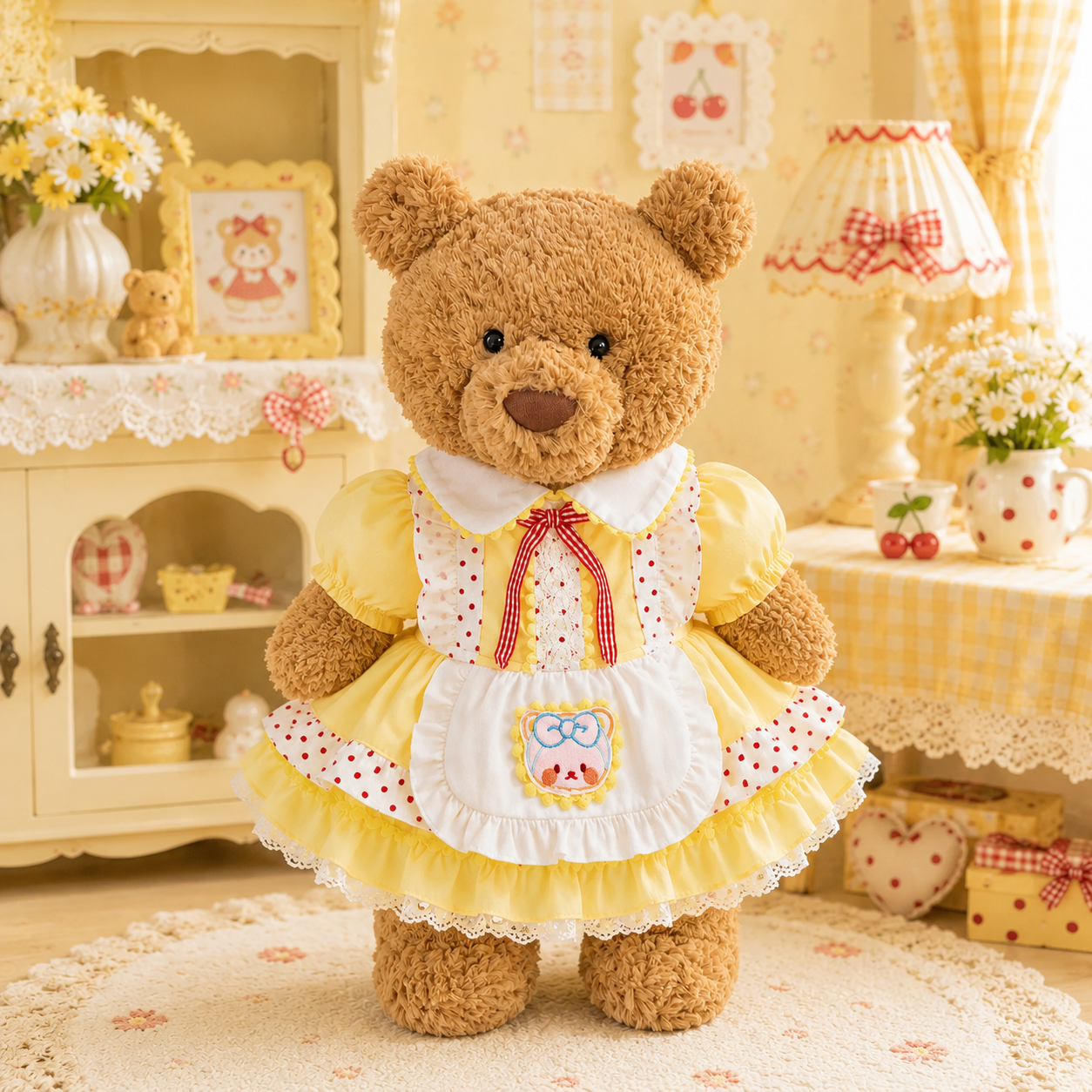 Large Bartholomew Bear & 16" Plush Clothes Outfit - Cream Yellow Polka Dot Dress