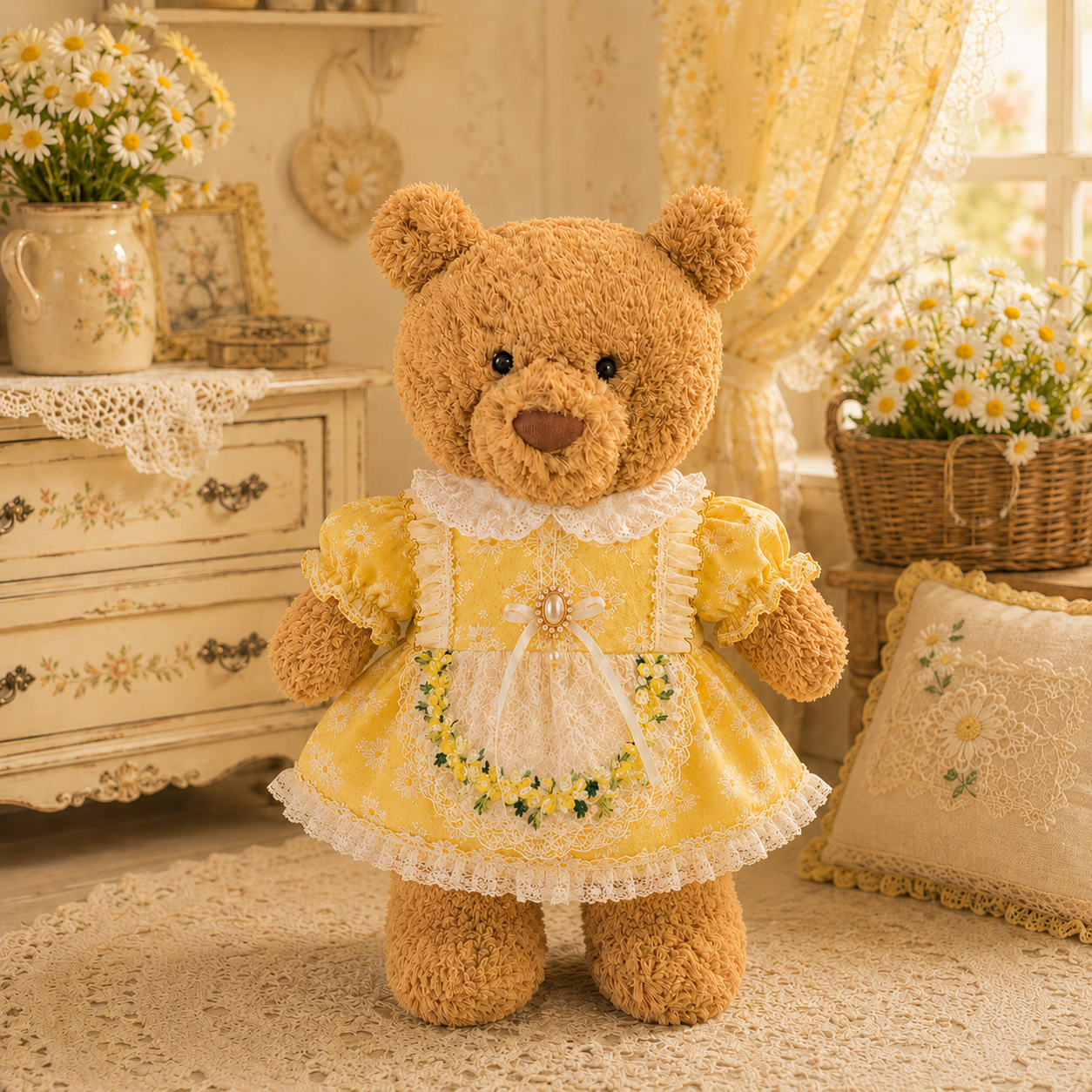Large Bartholomew Bear & 16" Plush Clothes Outfit - Yellow Rose Lace Dress