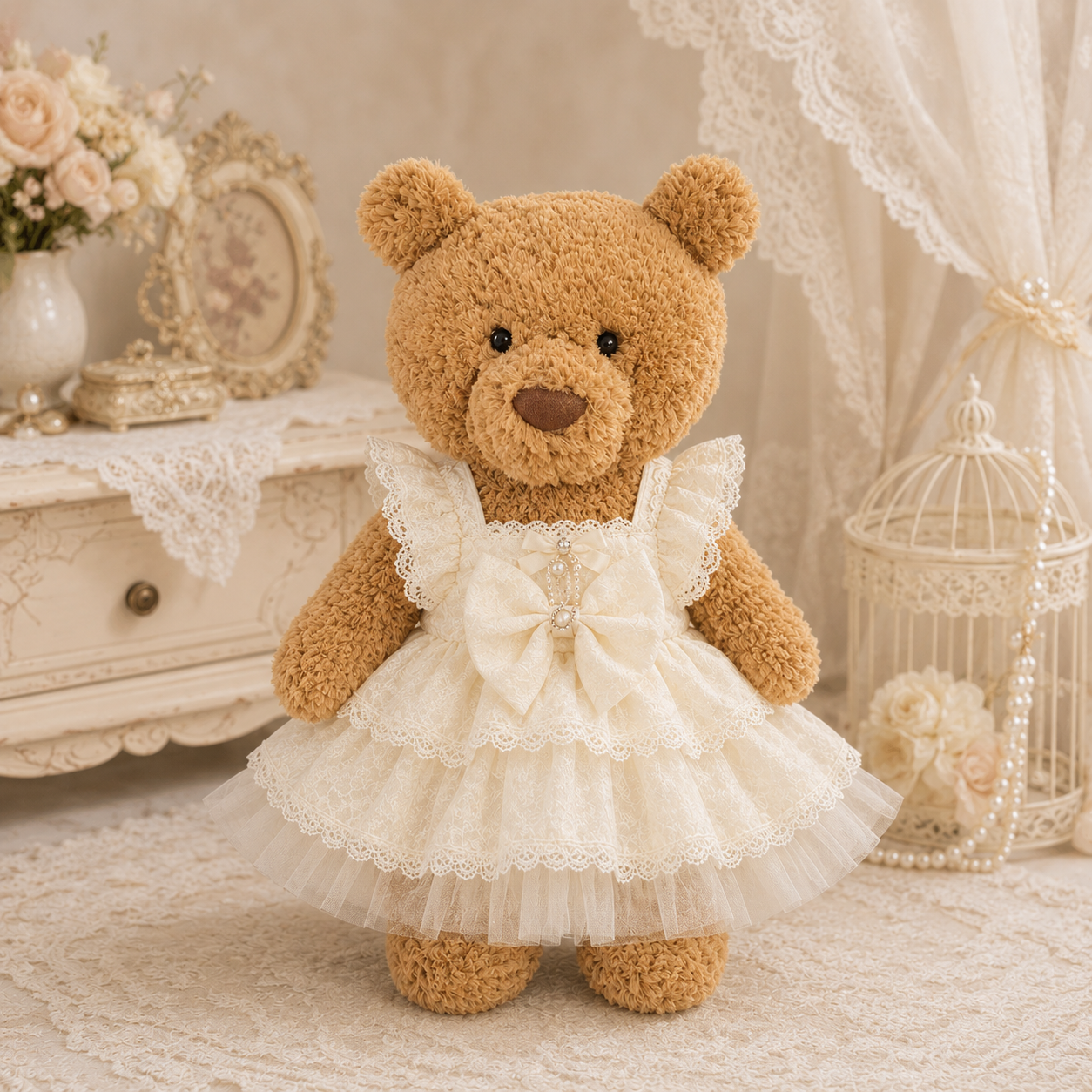 Medium/Large Bartholomew Bear & 12"/16" Plush Clothes Outfit - Pearl Cream Dress