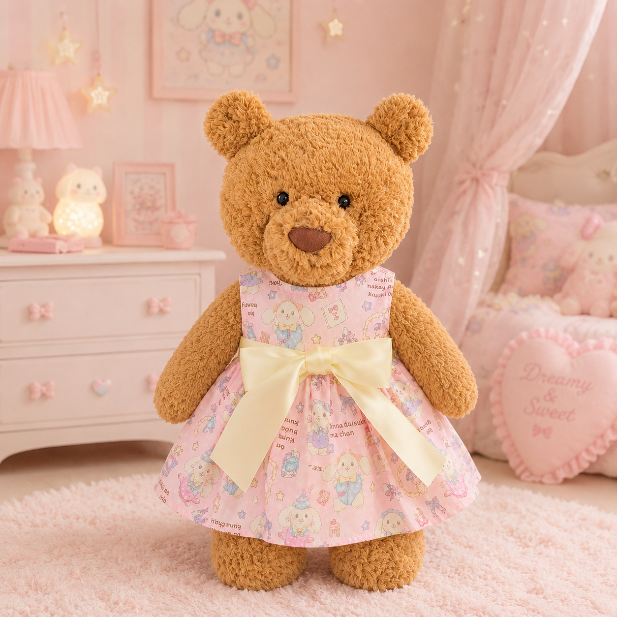 Large Bartholomew Bear & 16" Plush Clothes Outfit - Yogurt Ribbon Pink Dress