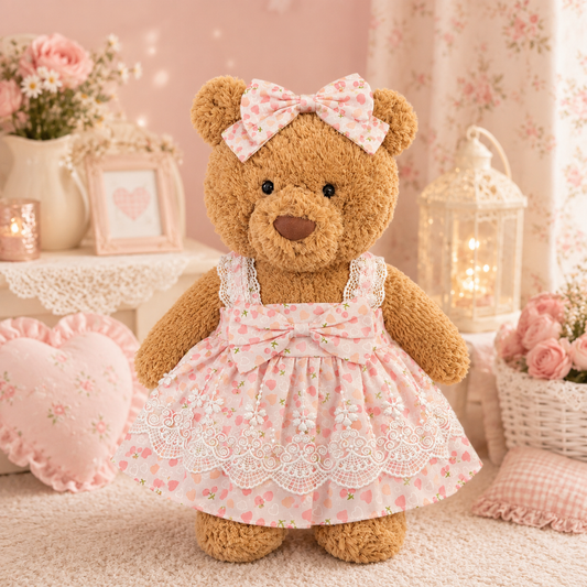 Large Bartholomew Bear & 16" Plush Clothes Outfit - Strawberry Lace Dress