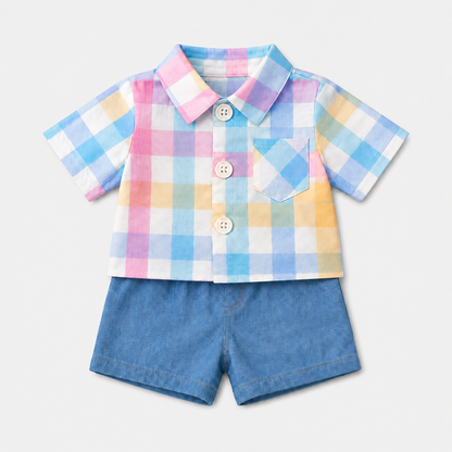 Large Bartholomew Bear & 16" Plush Clothes Outfit - Rainbow Plaid Shirt Outfit Set