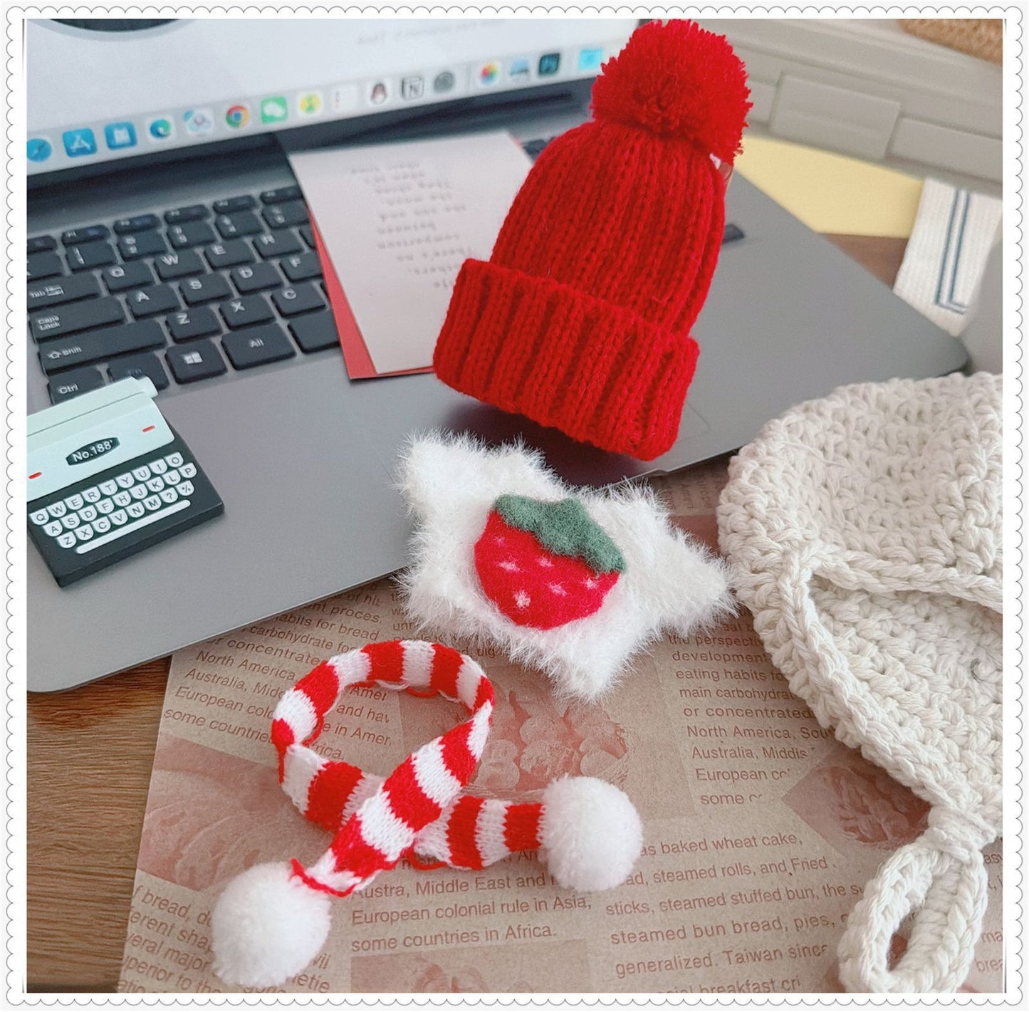 Tiny Bartholomew Bear clothes outfits - Berry Sweater & Red Knit Hat & Red Polka Dot Scarf