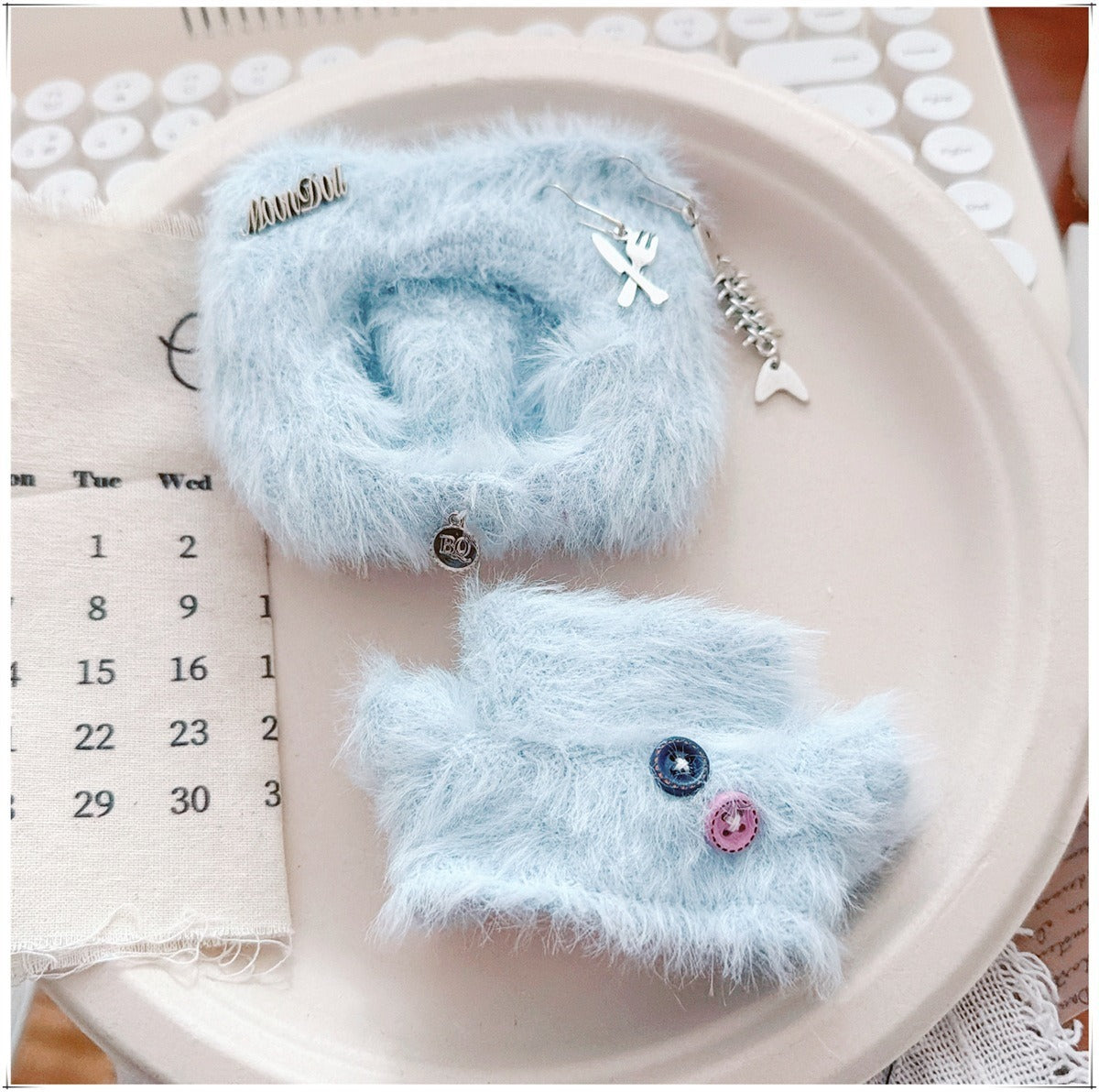 Tiny Bartholomew Bear clothes outfits - Kitty Beanie & Fluffy Turtleneck Sweater (Blue)