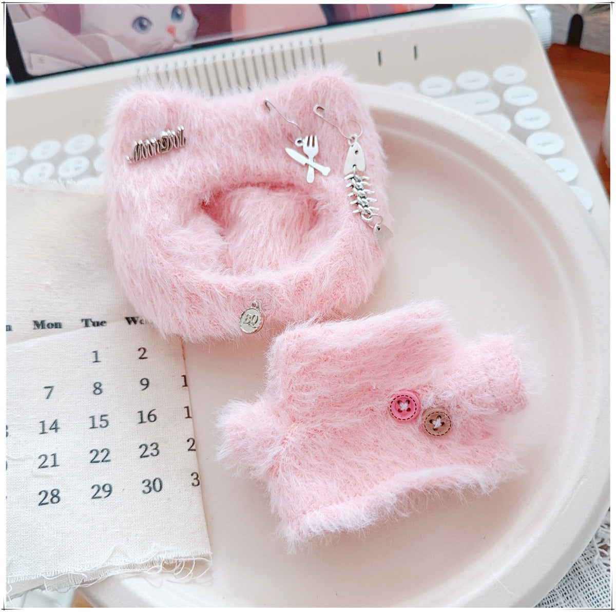 Tiny Bartholomew Bear clothes outfits - Kitty Beanie & Fluffy Turtleneck Sweater (Pink)
