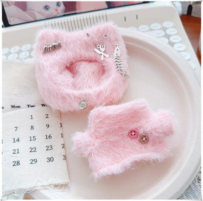 Tiny Bartholomew Bear clothes outfits - Kitty Beanie & Fluffy Turtleneck Sweater (Pink)