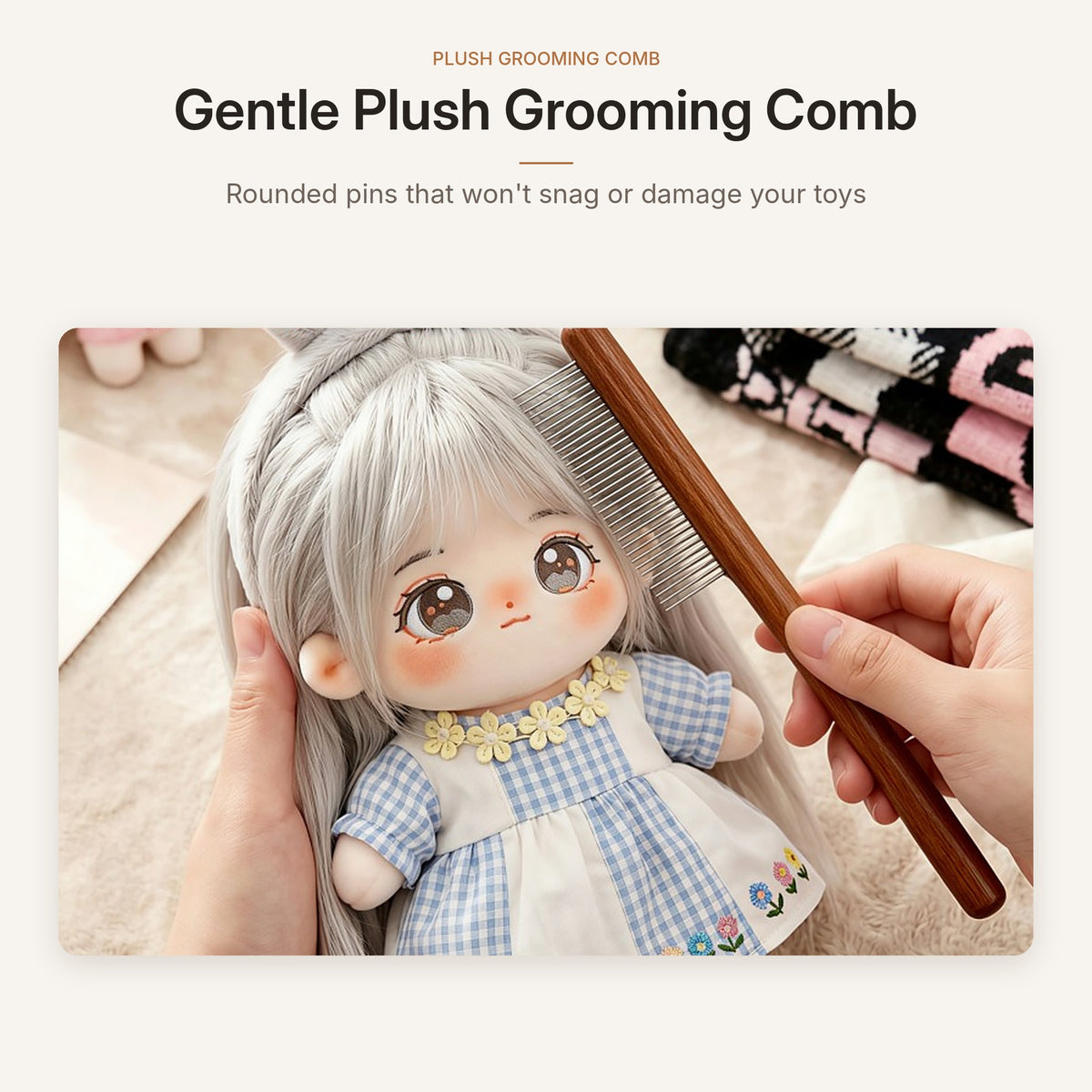 Plush Toy Grooming Comb – Solid Wood Handle & Steel Pins for Stuffed Animals